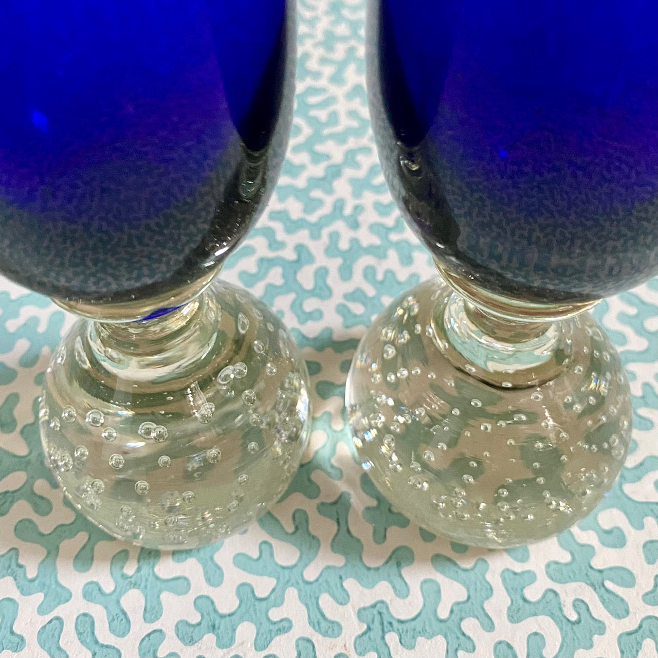 Pair Cobalt Blue Tall Glass Stem Vases F102