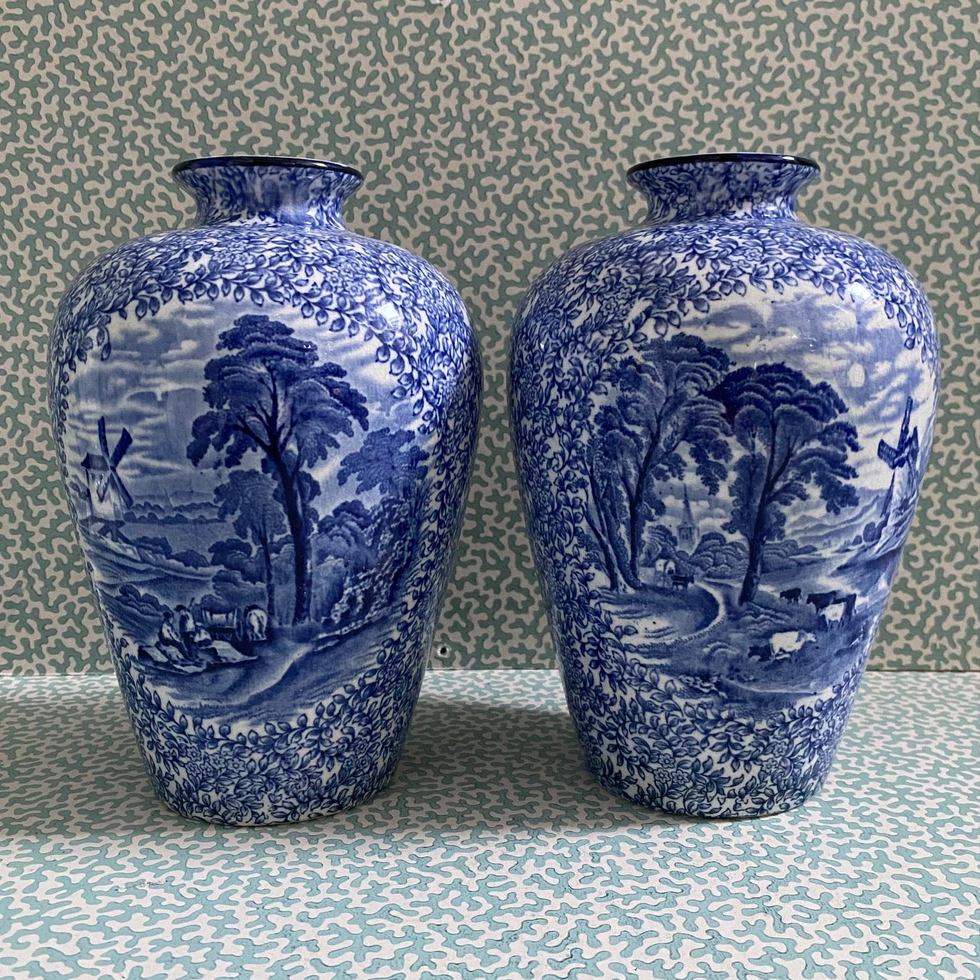Pair Fenton Blue & White Vases G147