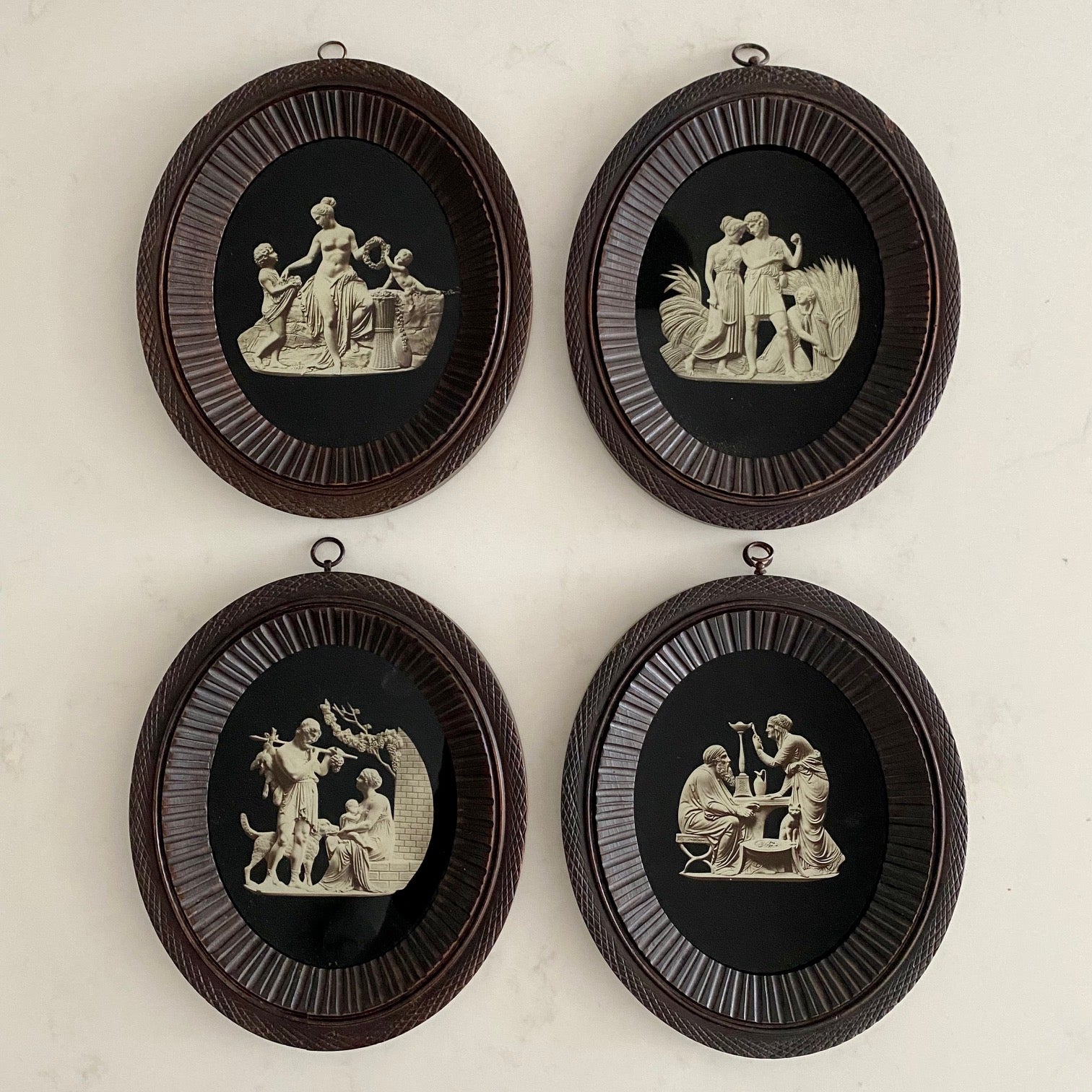 SET 4 ANTIQUE SMALL PRINTED GLASS FOUR SEASONS OVAL PICTURES