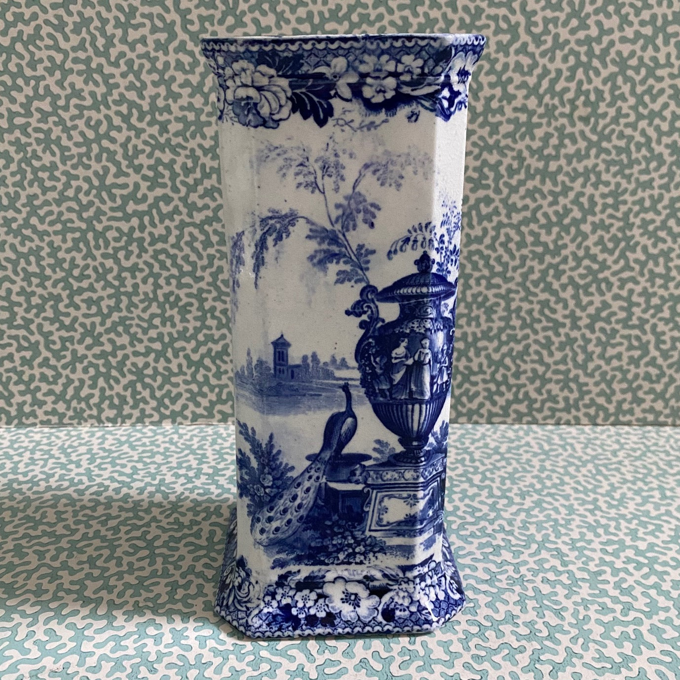 Square Blue & White Vase c1910 Peacock Pattern A103