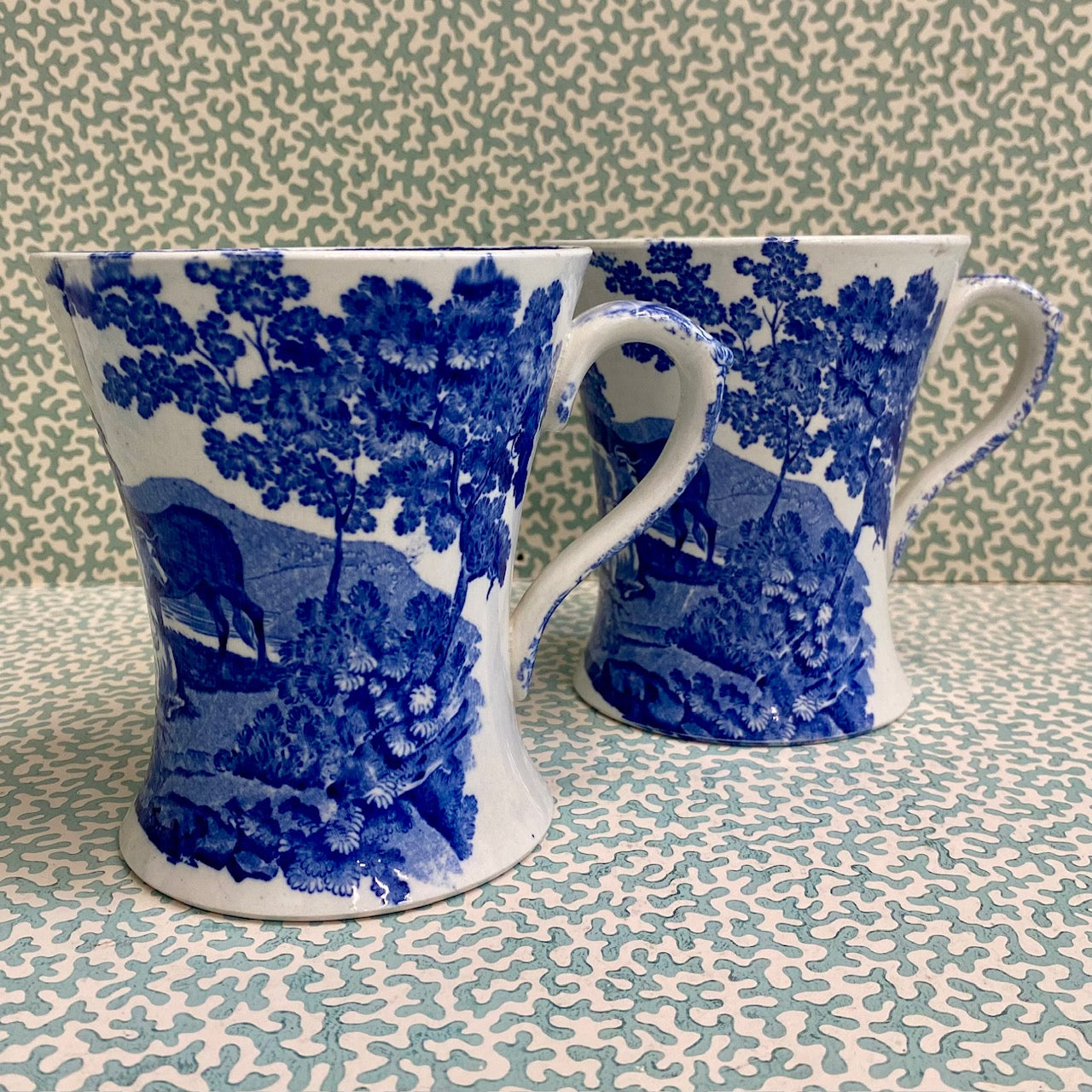 Pair Large Blue & White Adams Cattle Scenery Mugs G148