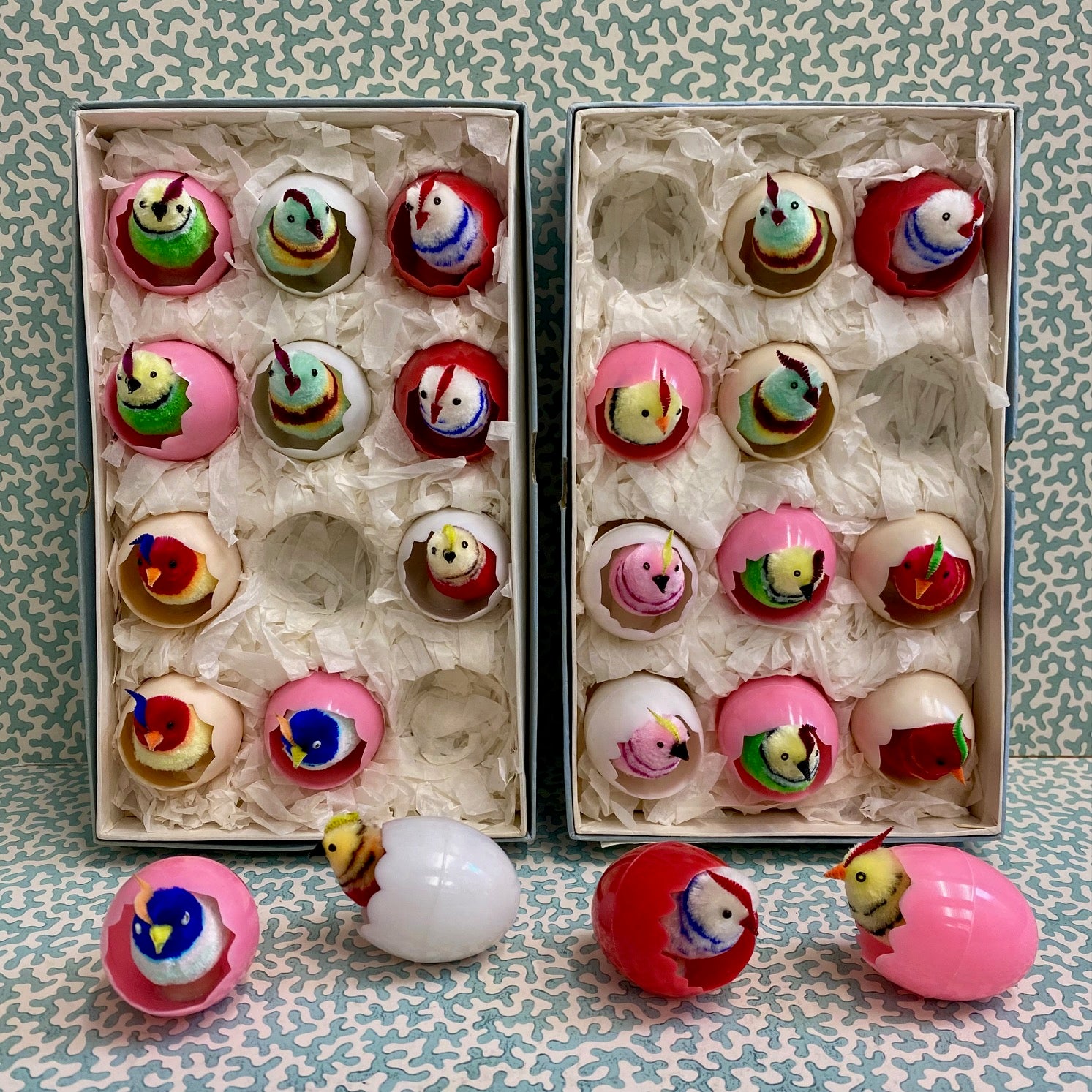 1970's Chenille Birds 'Chicks' In Eggs Set of 12