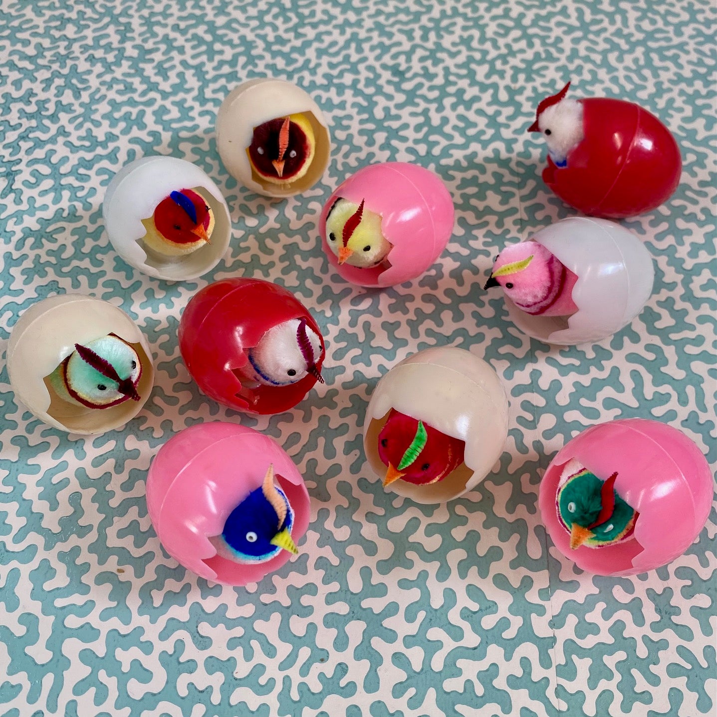 1970's Chenille Birds 'Chicks' In Eggs Set of 12