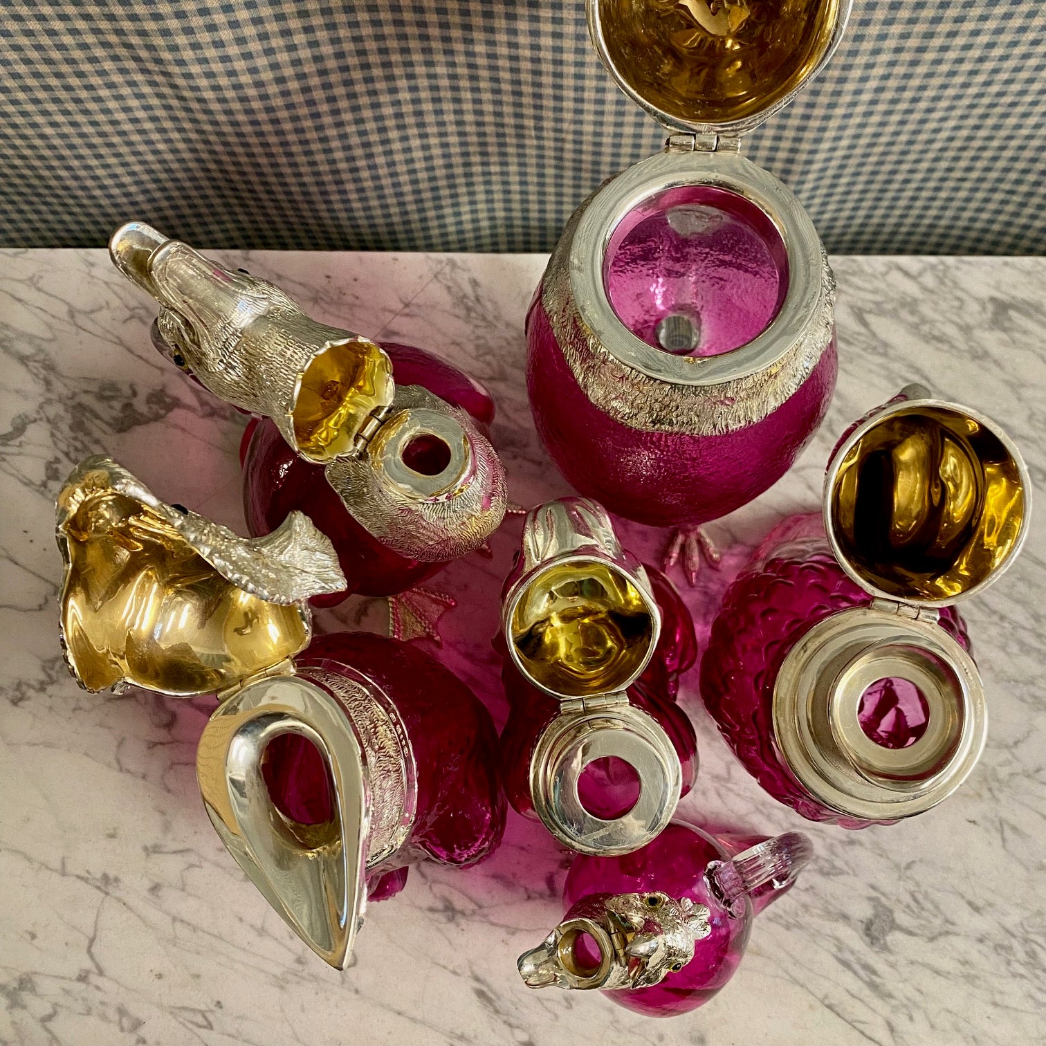 NOVELTY PINK GLASS SILVER PLATED ANIMAL DECANTERS