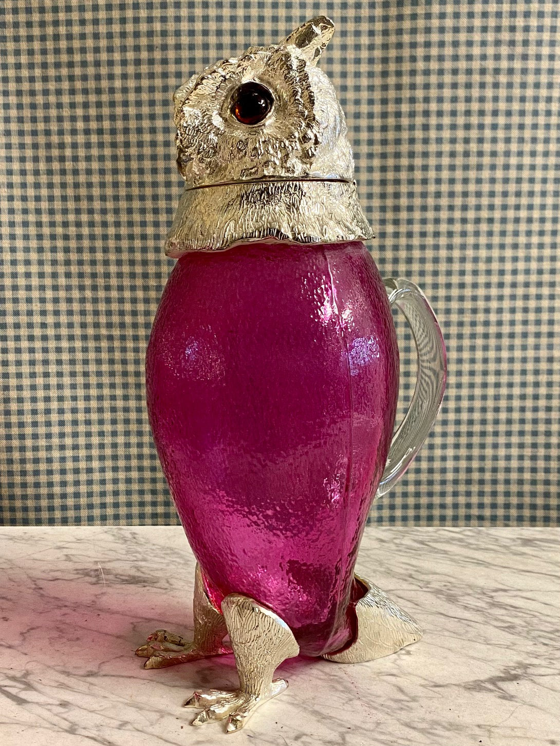 NOVELTY PINK GLASS SILVER PLATED ANIMAL DECANTERS
