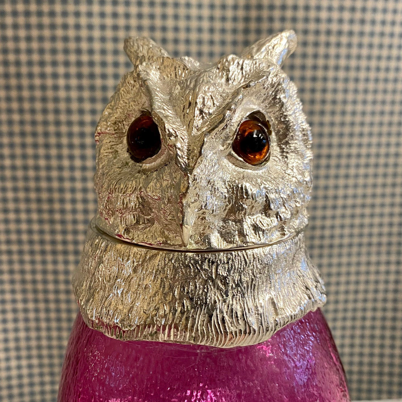 NOVELTY PINK GLASS SILVER PLATED ANIMAL DECANTERS