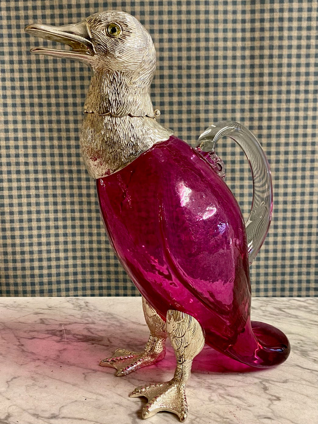 NOVELTY PINK GLASS SILVER PLATED ANIMAL DECANTERS