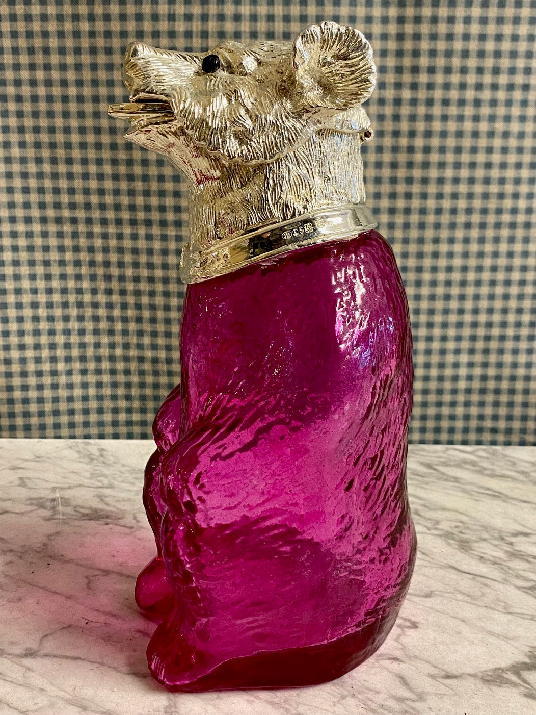 NOVELTY PINK GLASS SILVER PLATED ANIMAL DECANTERS