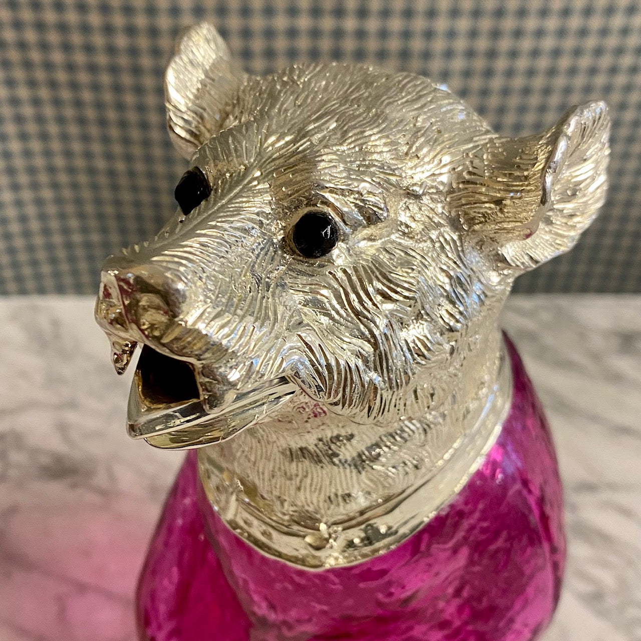 NOVELTY PINK GLASS SILVER PLATED ANIMAL DECANTERS