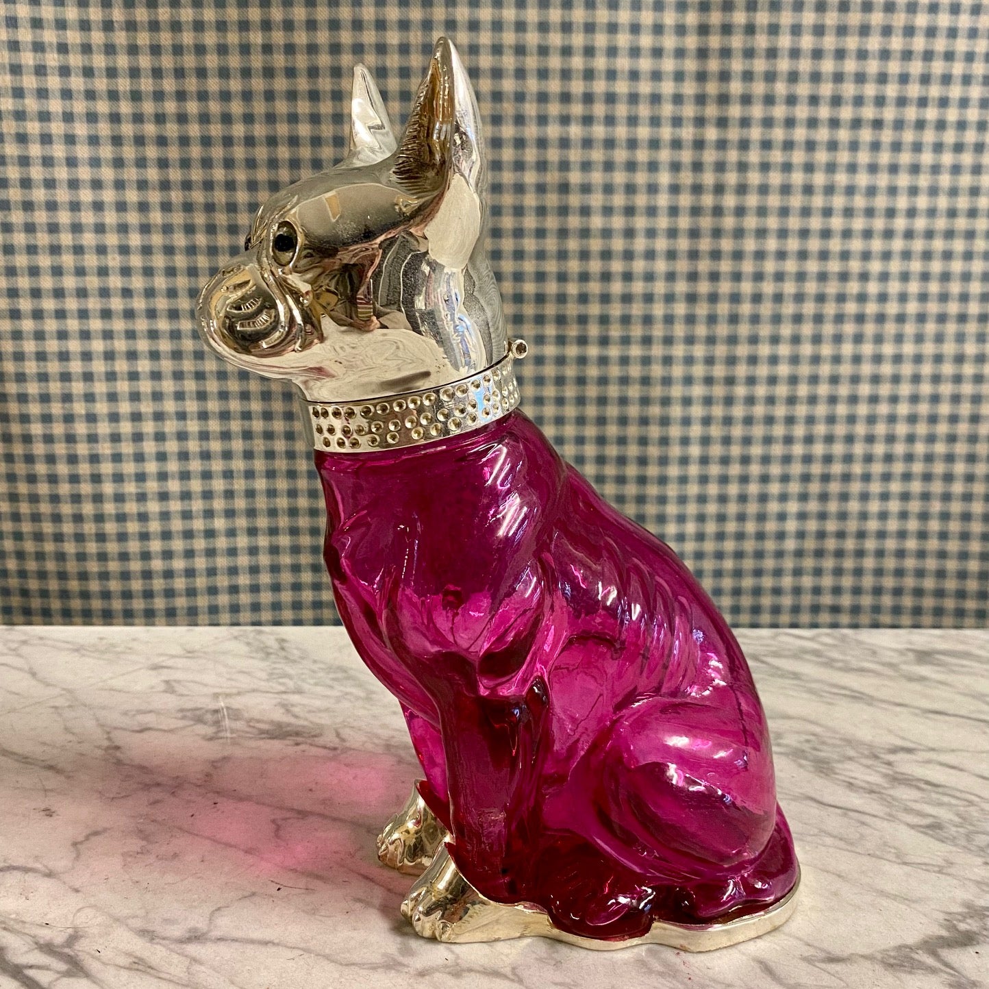 NOVELTY PINK GLASS SILVER PLATED ANIMAL DECANTERS