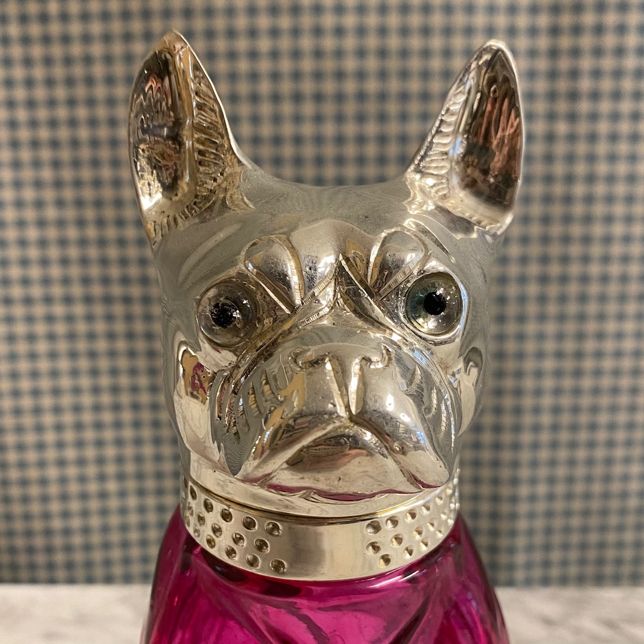 NOVELTY PINK GLASS SILVER PLATED ANIMAL DECANTERS