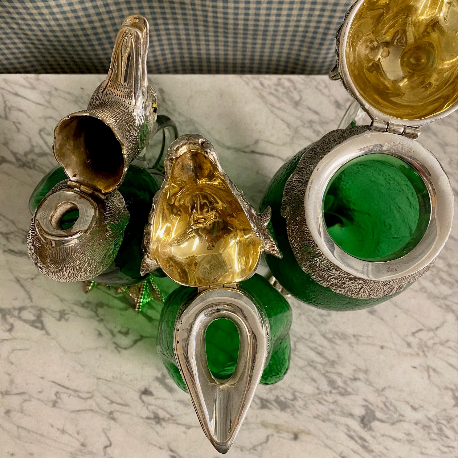 NOVELTY GREEN GLASS SILVER PLATED ANIMAL DECANTERS