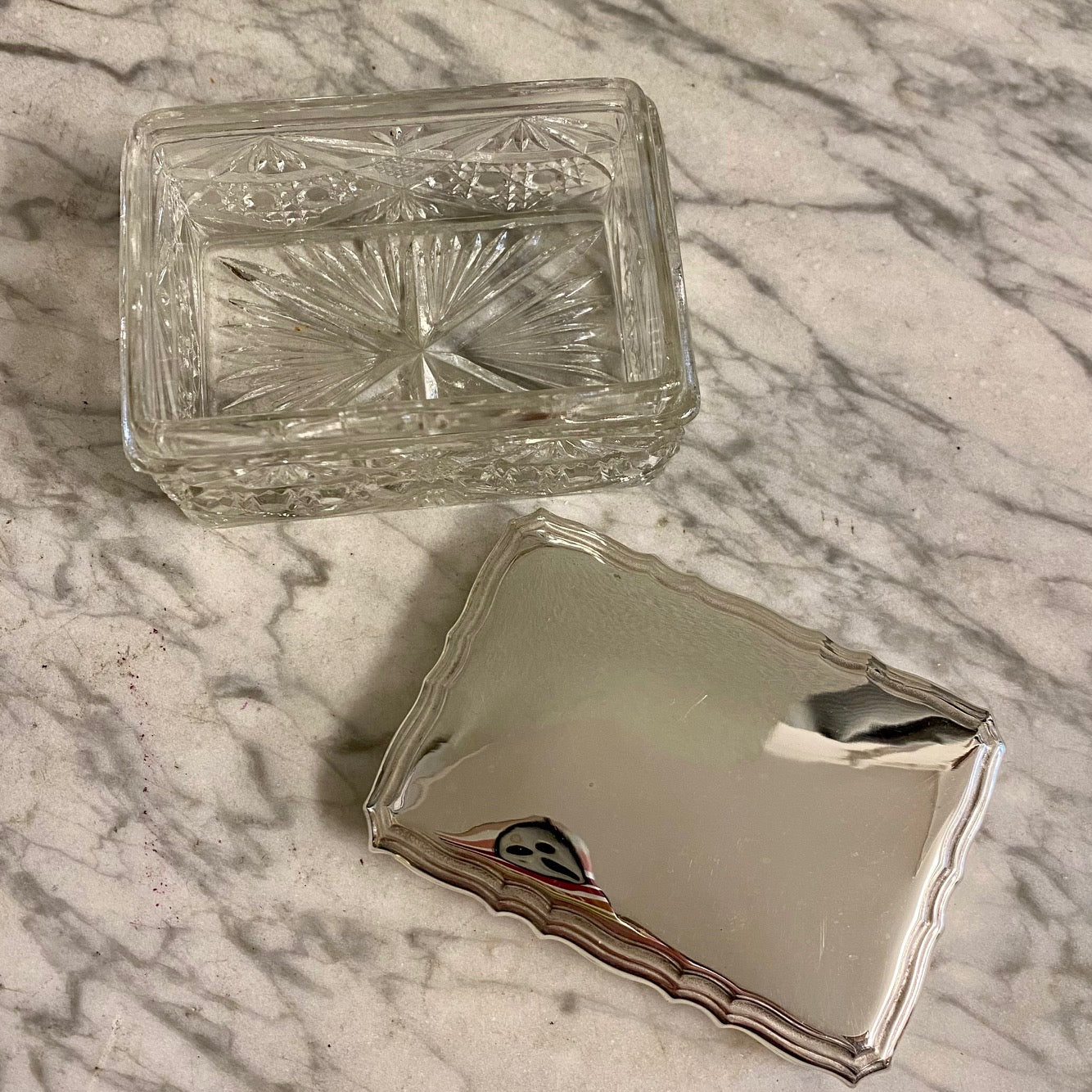 X81 VINTAGE SILVER PLATED CUT GLASS RECTANGULAR SMALL