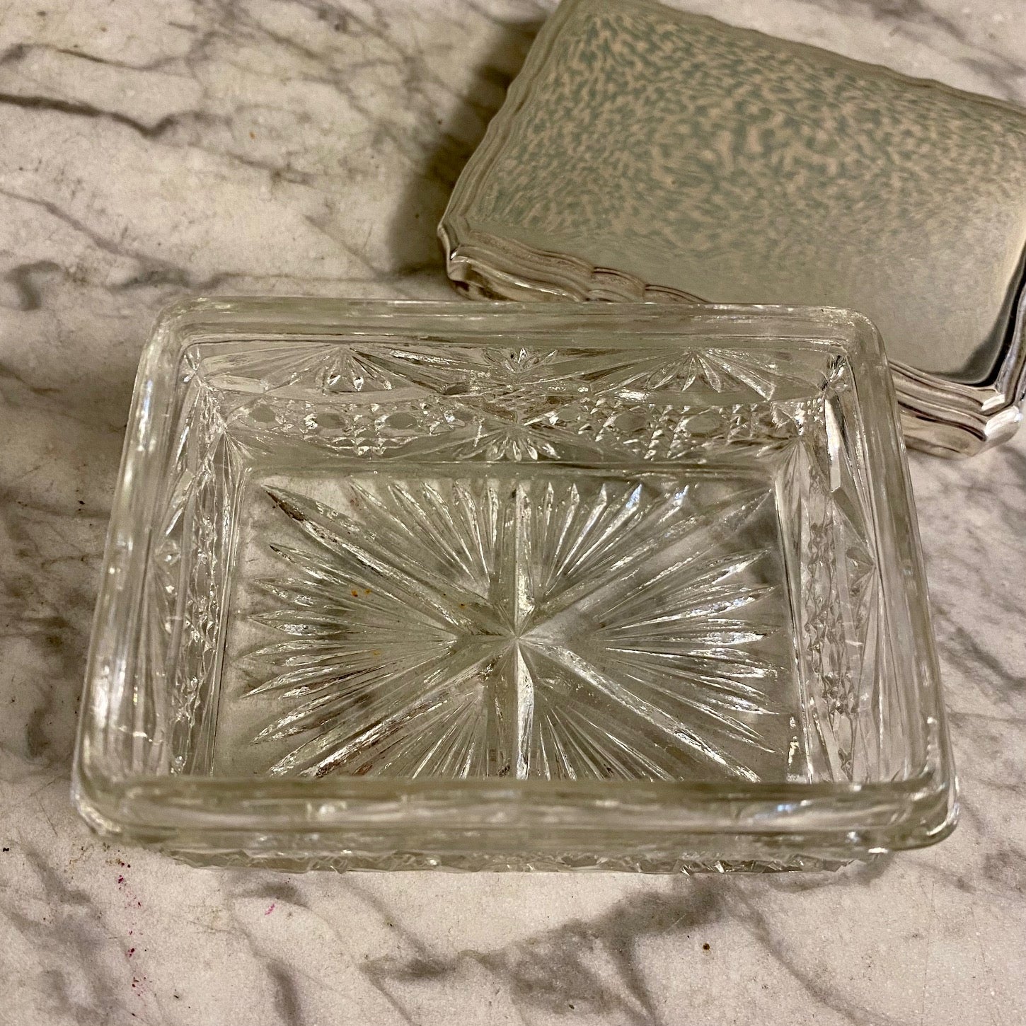 X81 VINTAGE SILVER PLATED CUT GLASS RECTANGULAR SMALL
