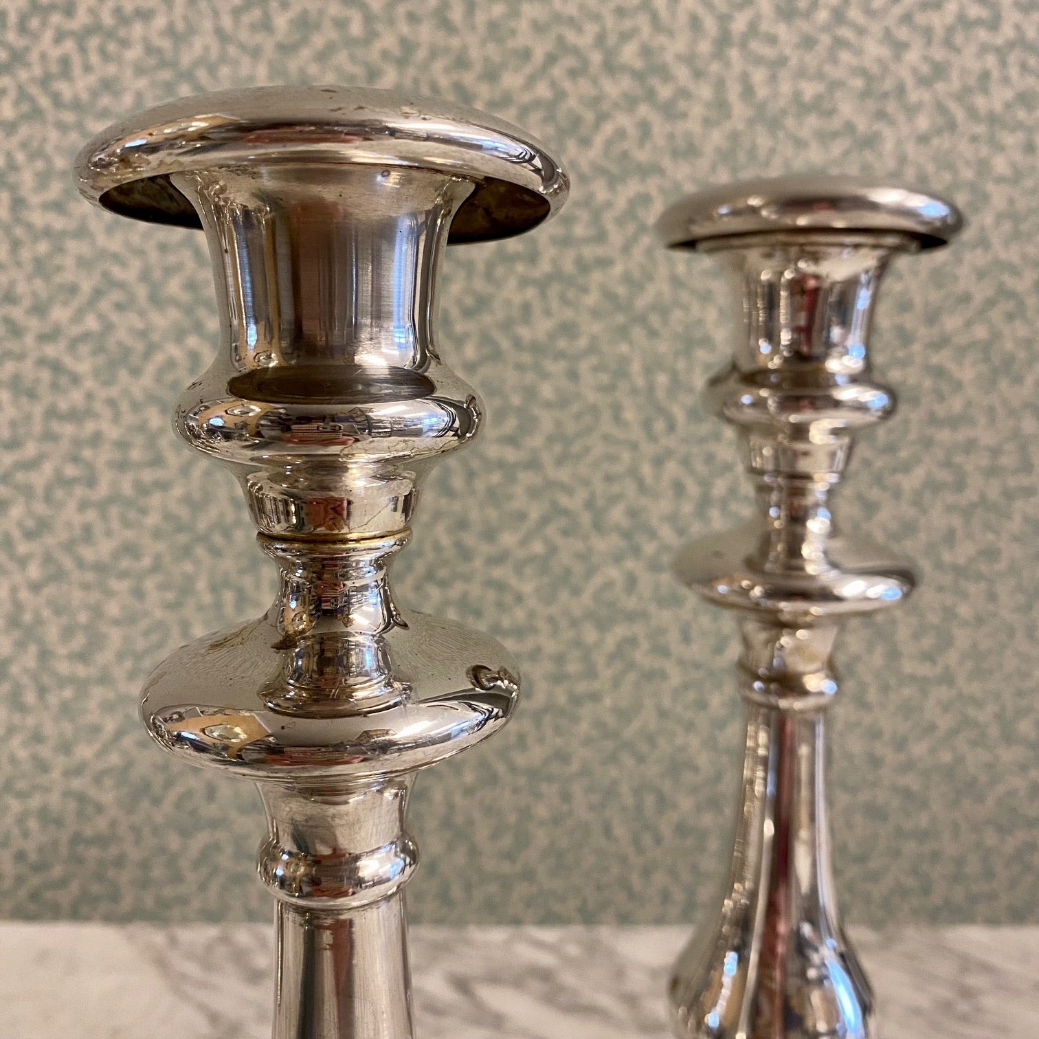 U54 PAIR HEAVY ANTIQUE STERLING SILVER PLATED CANDLESTICKS