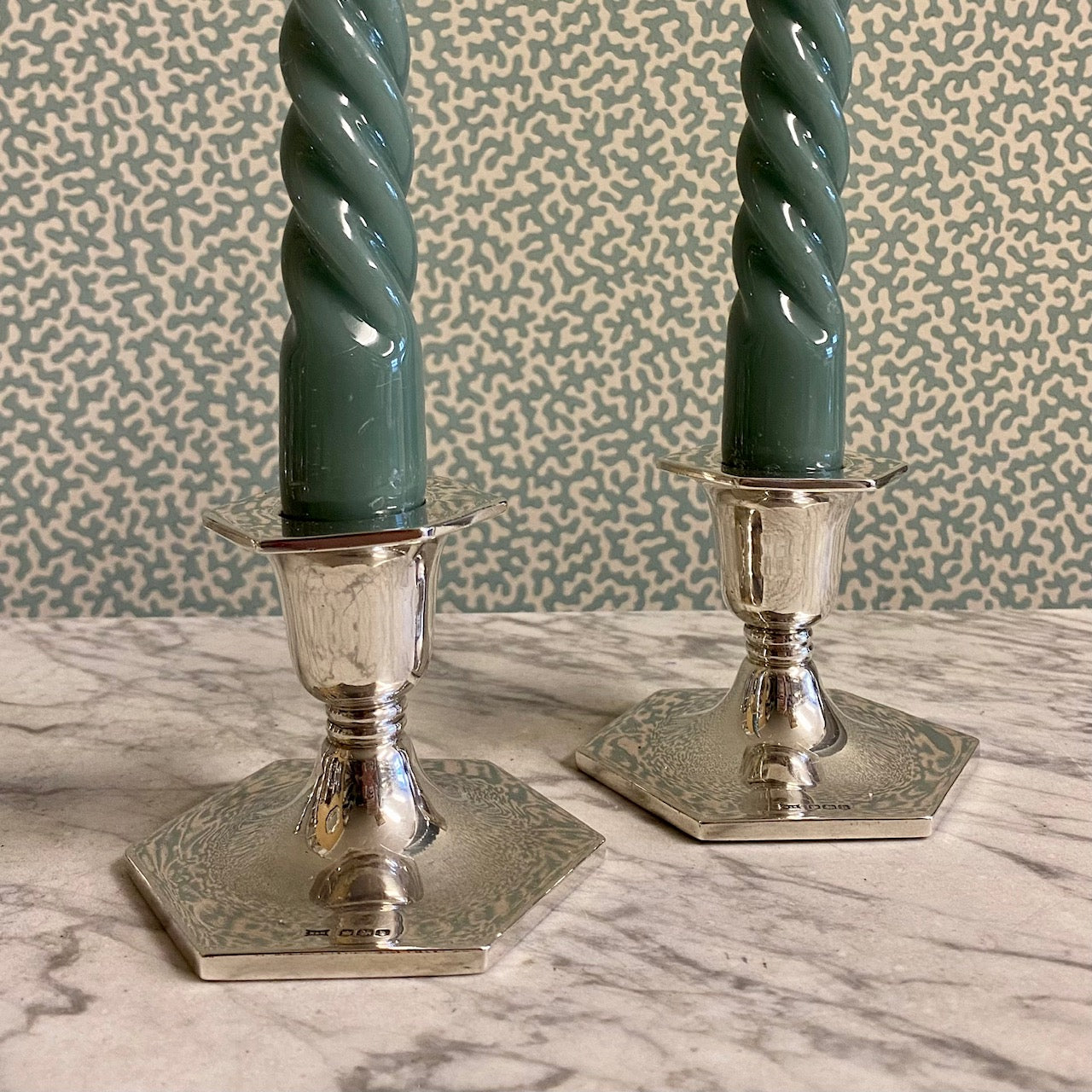 X64 PAIR ANTIQUE ART DECO STERLING SILVER HEXAGONAL LOW CANDLESTICKS