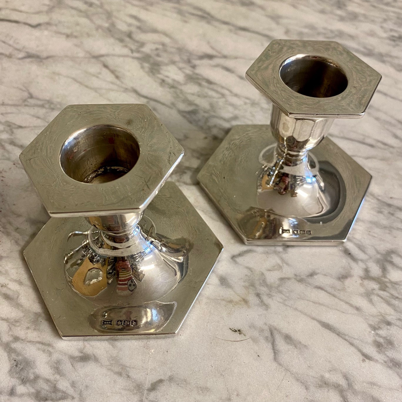X64 PAIR ANTIQUE ART DECO STERLING SILVER HEXAGONAL LOW CANDLESTICKS
