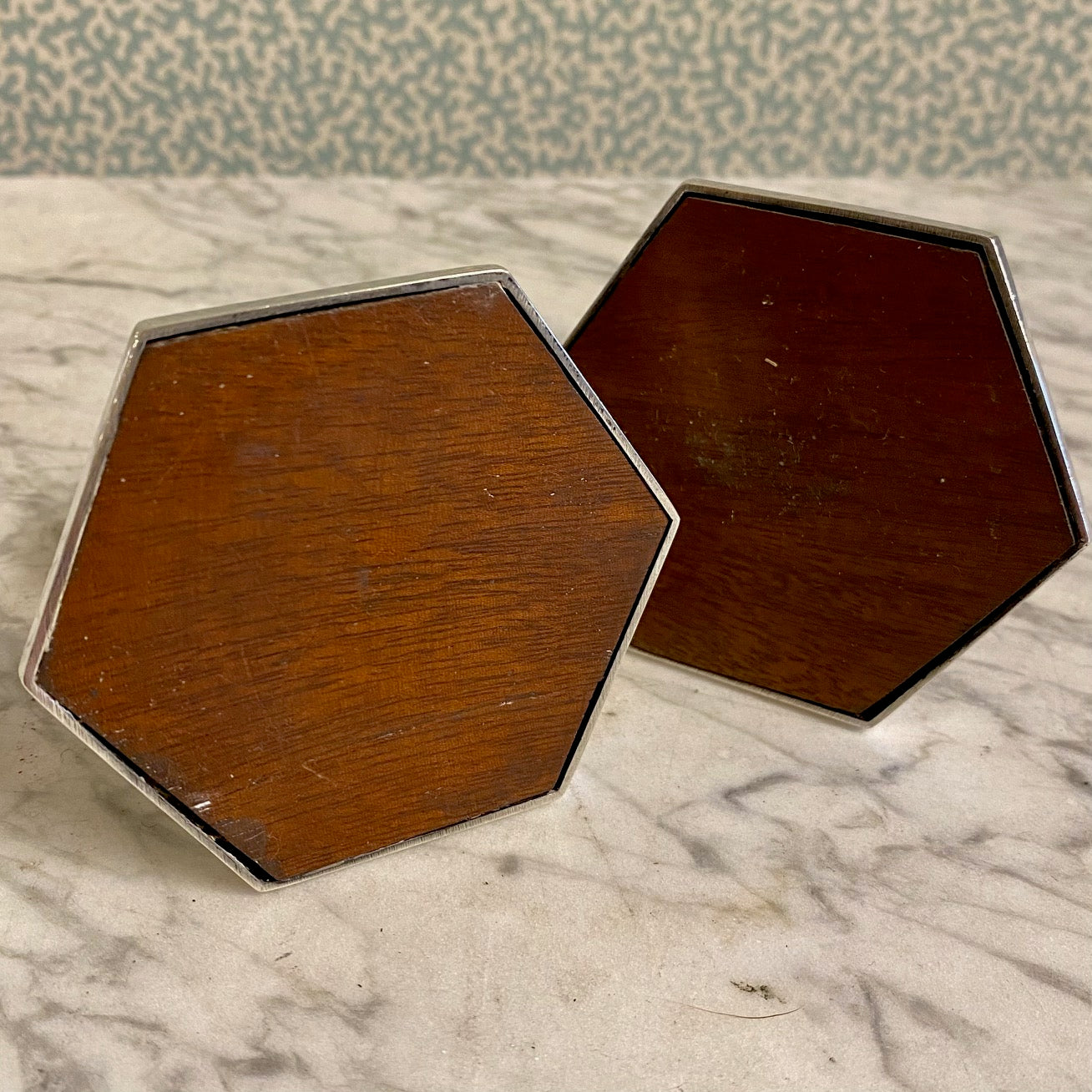 X64 PAIR ANTIQUE ART DECO STERLING SILVER HEXAGONAL LOW CANDLESTICKS
