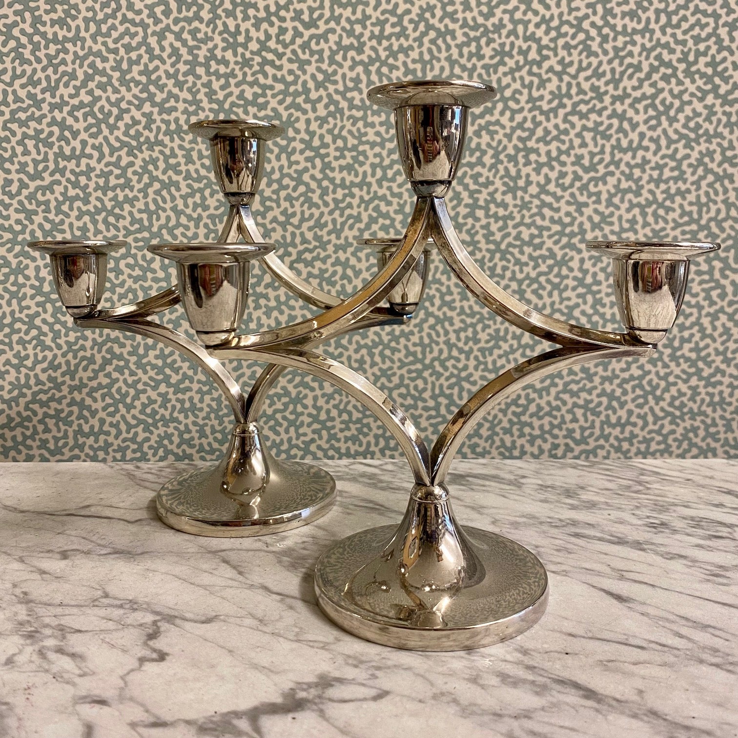 L32 PAIR 1950’S SCANDINAVIAN TRIPLE ARM SILVER PLATED CANDLESTICKS
