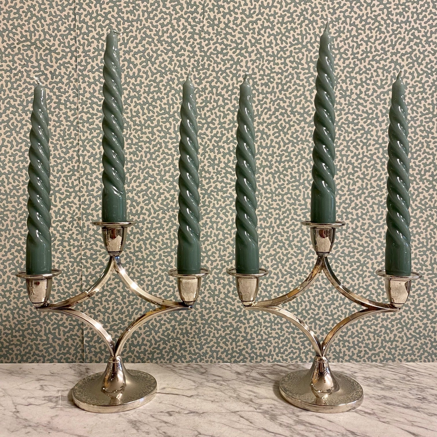 L32 PAIR 1950’S SCANDINAVIAN TRIPLE ARM SILVER PLATED CANDLESTICKS