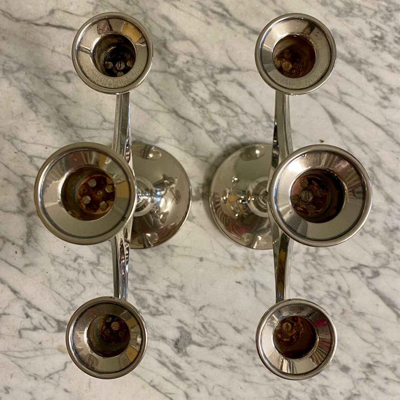 L32 PAIR 1950’S SCANDINAVIAN TRIPLE ARM SILVER PLATED CANDLESTICKS