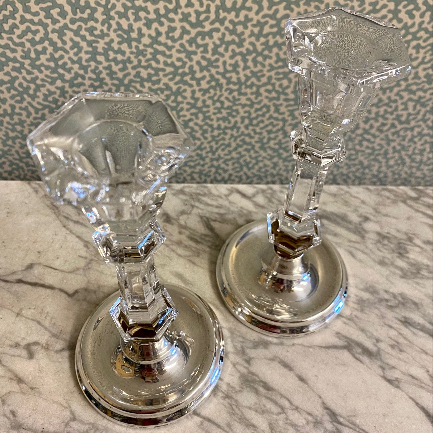 W90 PAIR DELICATE STERLING SILVER & GLASS CANDLESTICKS
