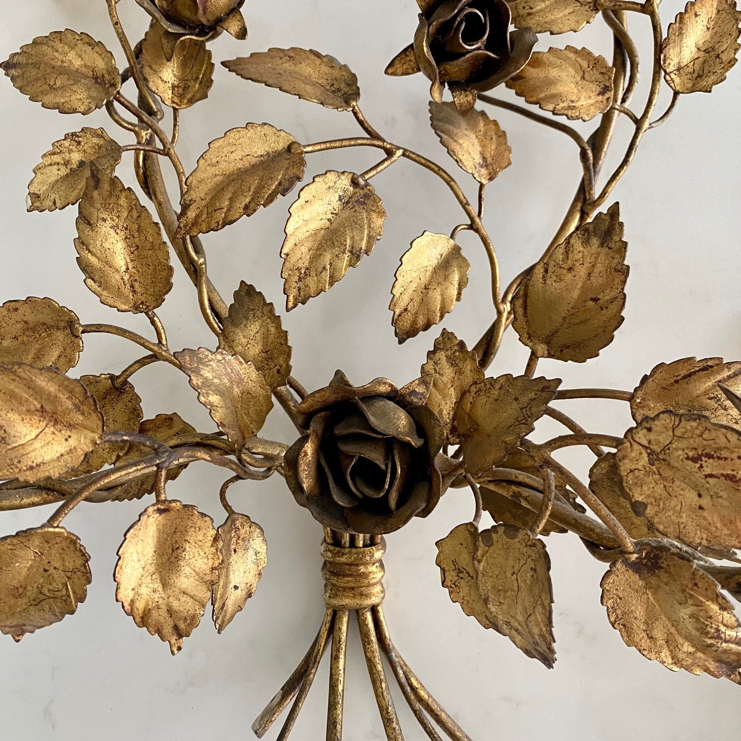 V29 FABULOUS PAIR VINTAGE ITALIAN GILT ROSE DOUBLE WALL SCONCES
