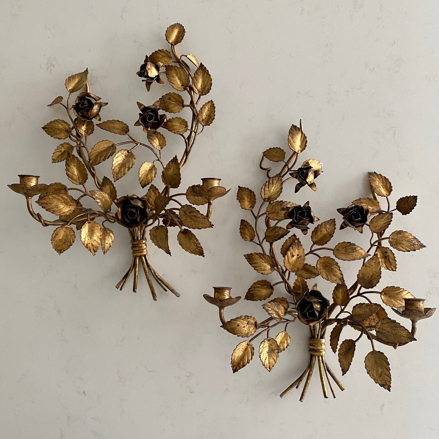 V29 FABULOUS PAIR VINTAGE ITALIAN GILT ROSE DOUBLE WALL SCONCES