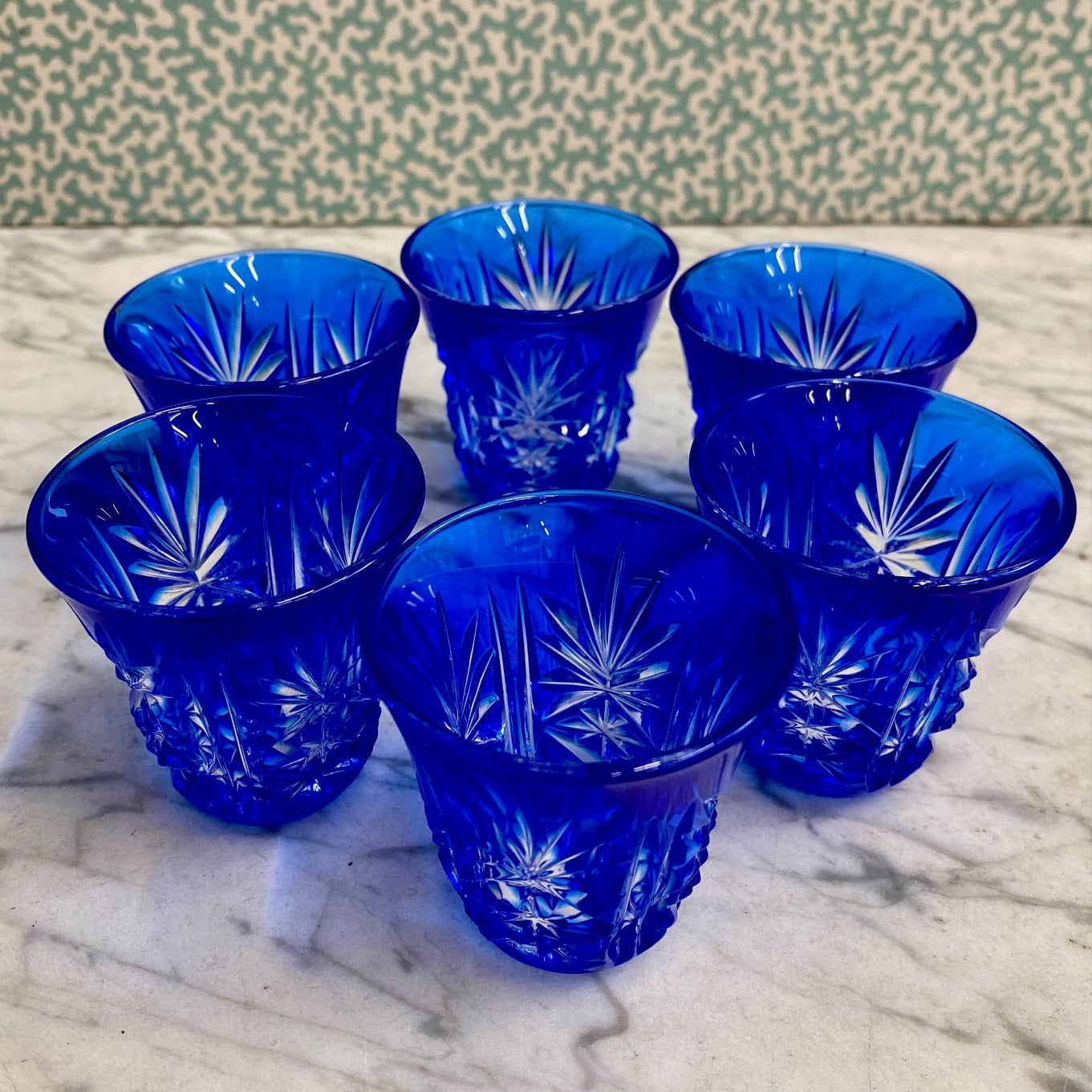 Set 6 Blue Cut Crystal Shot Glasses C163