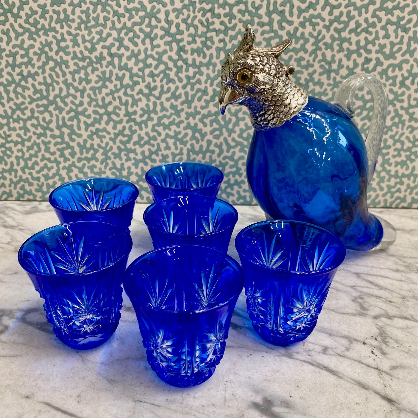 Set 6 Blue Cut Crystal Shot Glasses C163