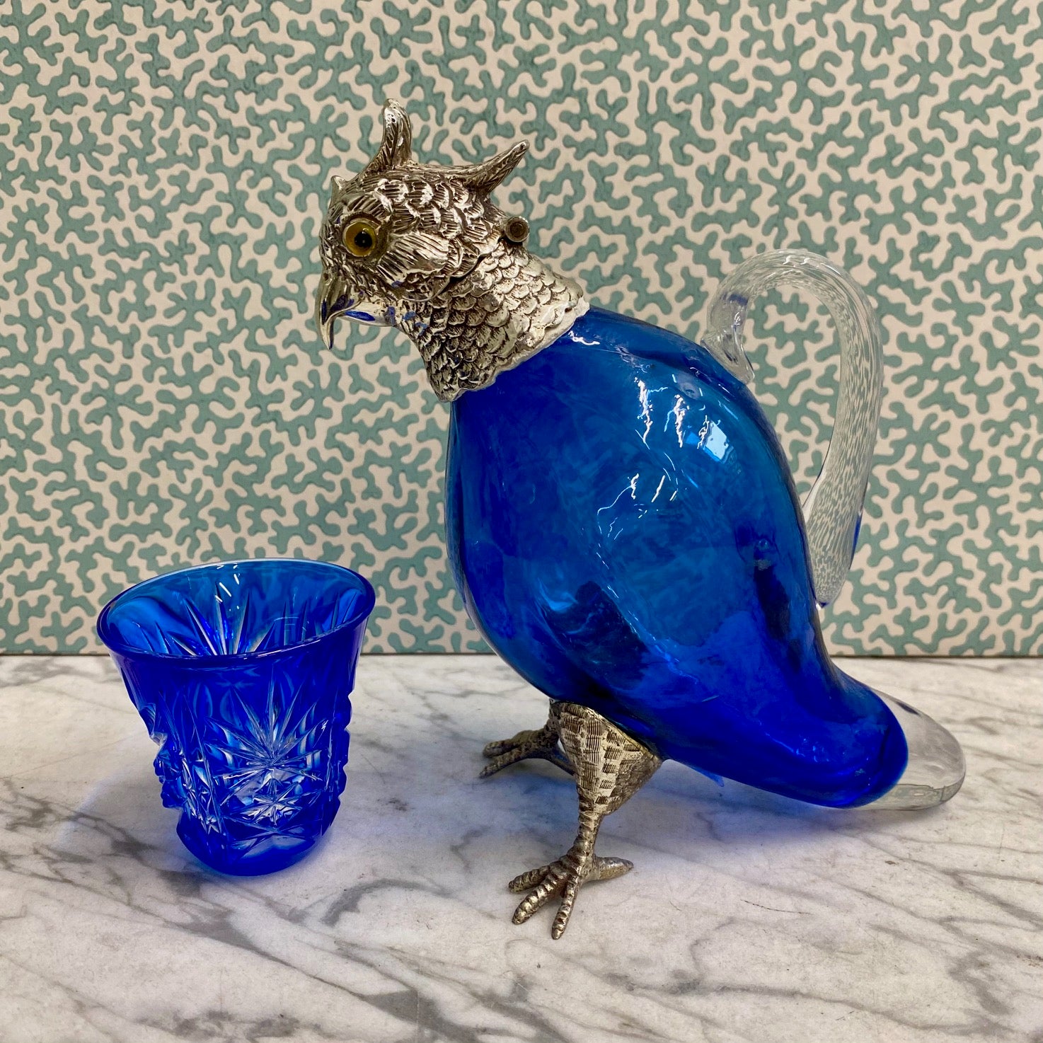 Cobalt Blue Small Parakeet Decanter Victorian Silver Plate W70