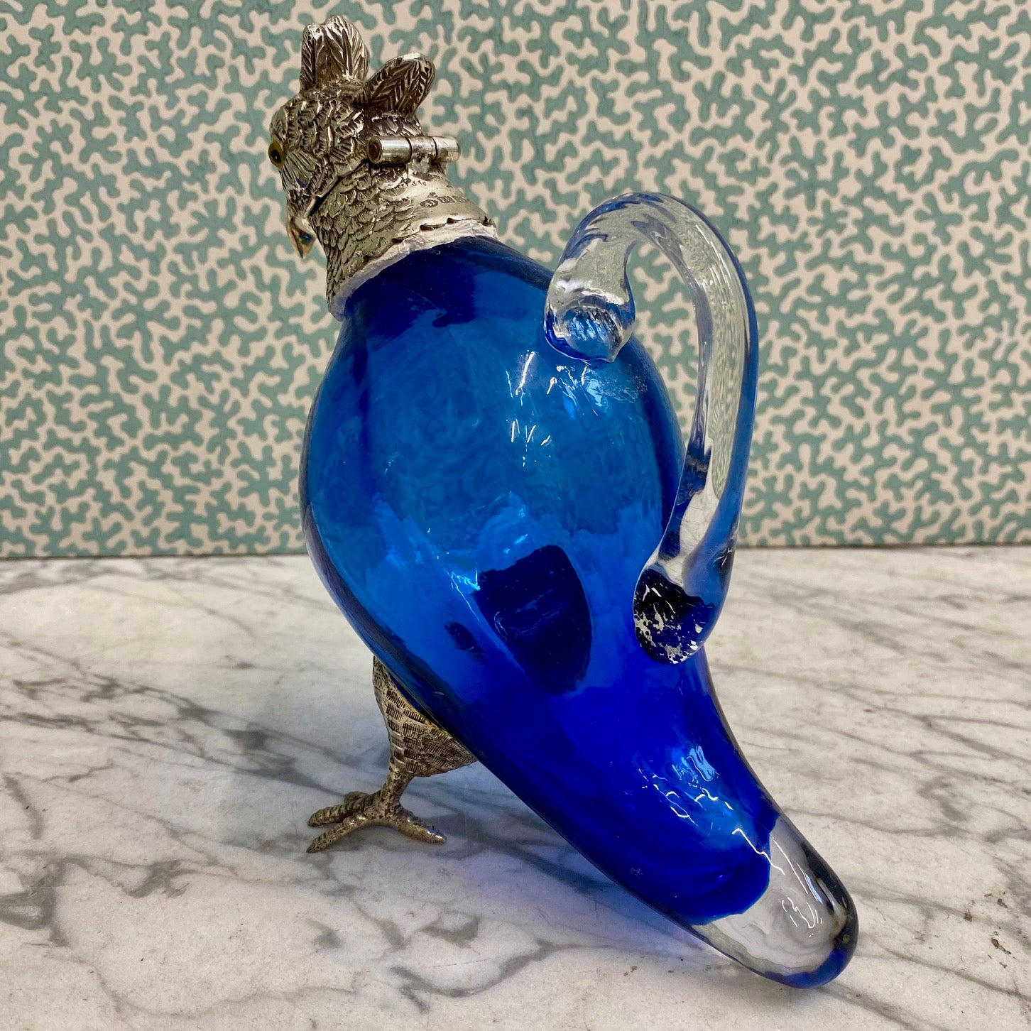 Cobalt Blue Small Parakeet Decanter Victorian Silver Plate W70