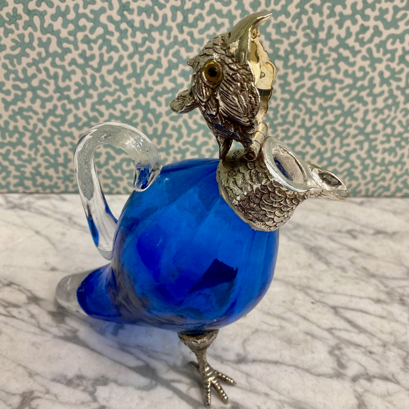 Cobalt Blue Small Parakeet Decanter Victorian Silver Plate W70