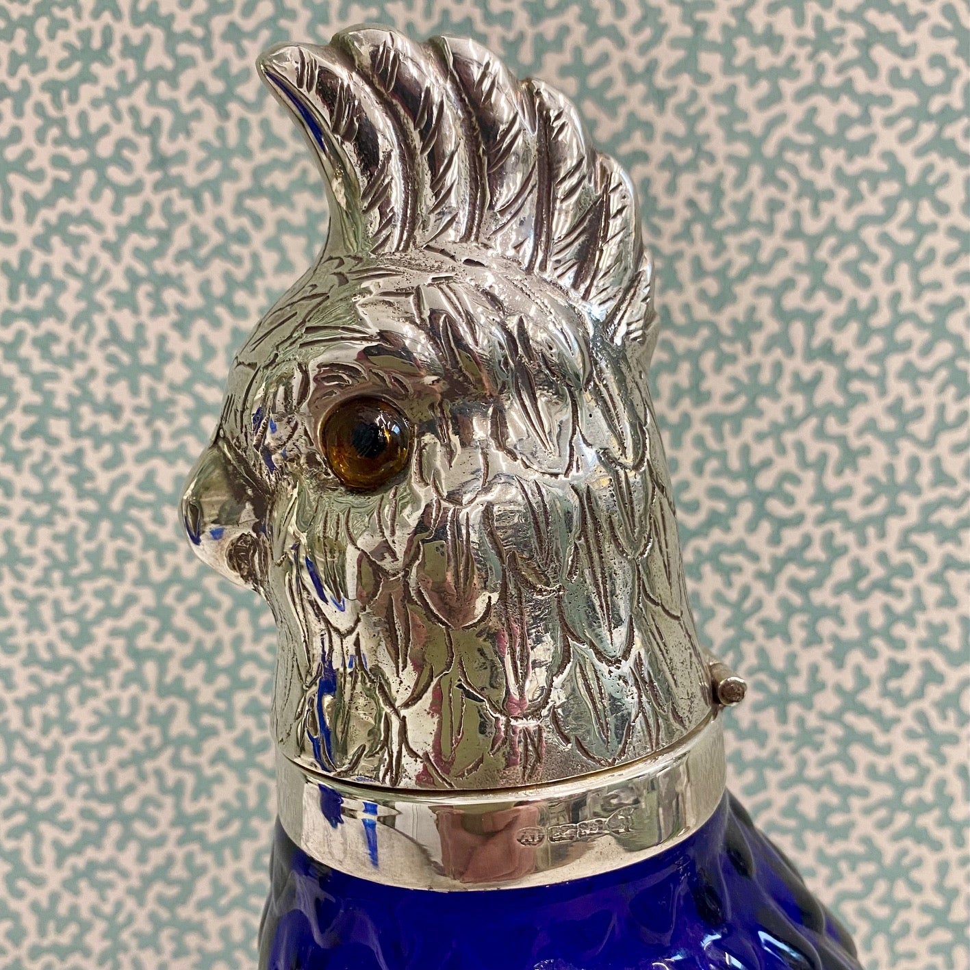 Blue Glass Cockatoo Decanter with Silver Plated Head R74