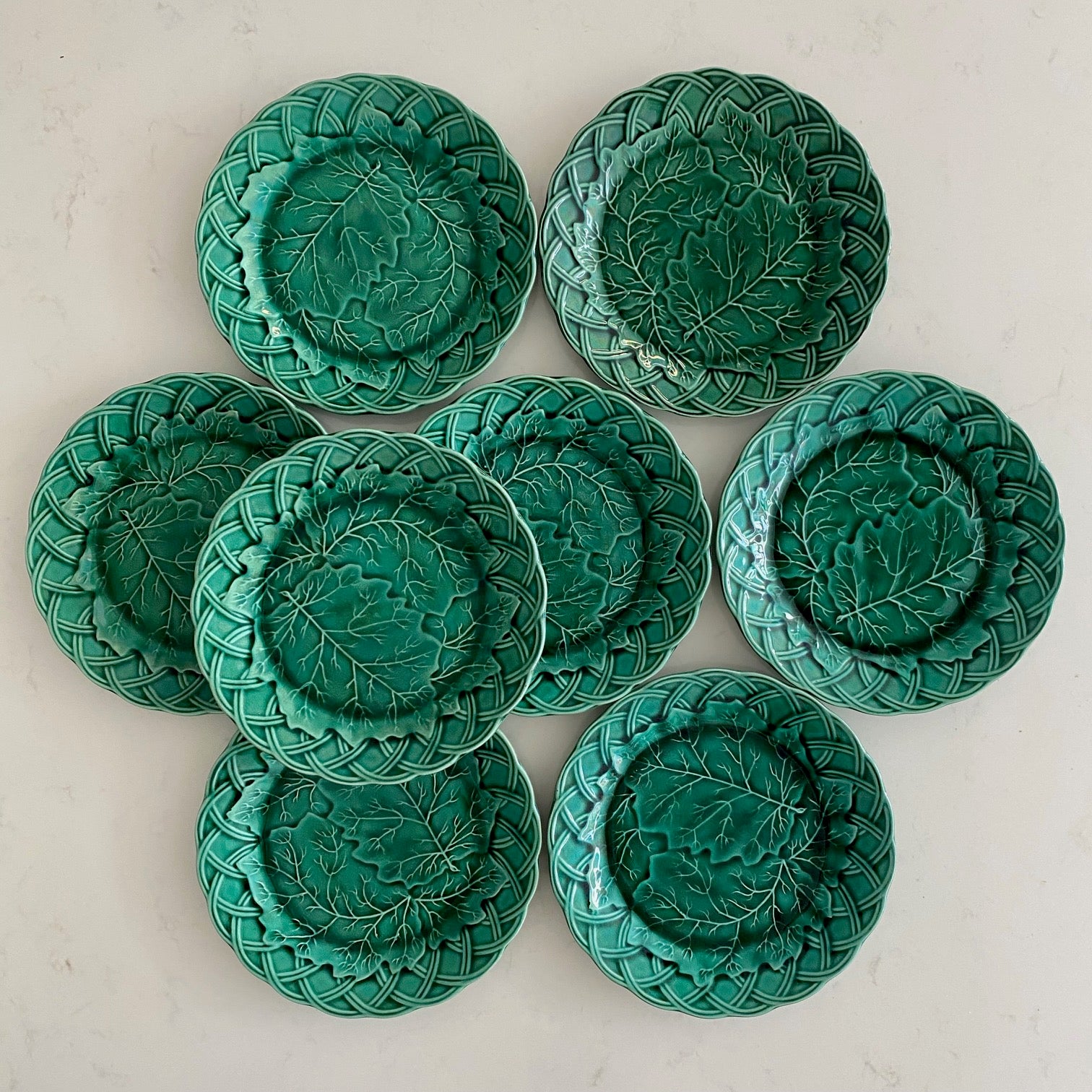 SET 8 ANTIQUE GREEN LEAF & BASKET SIDE PLATES