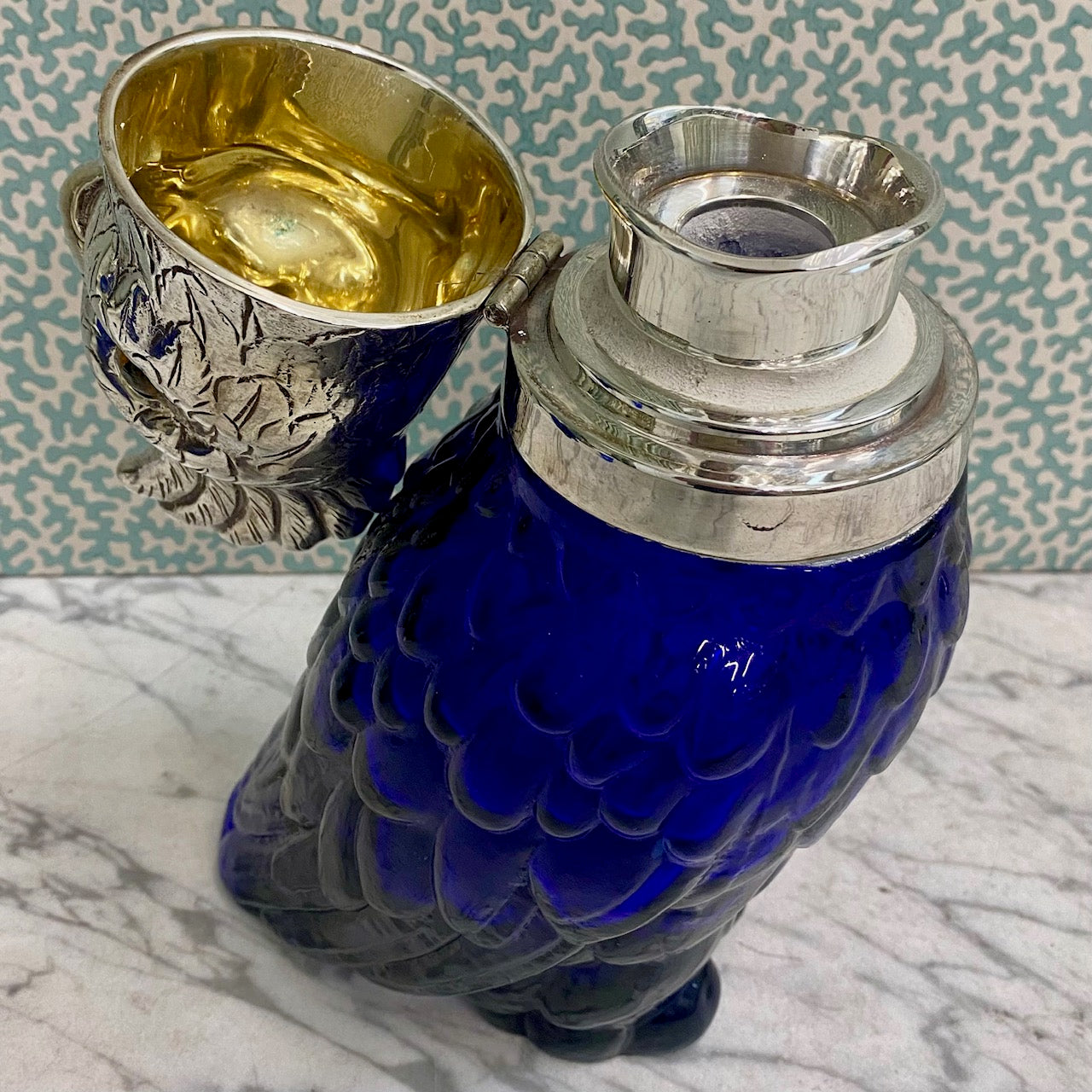 Blue Glass Cockatoo Decanter with Silver Plated Head R74