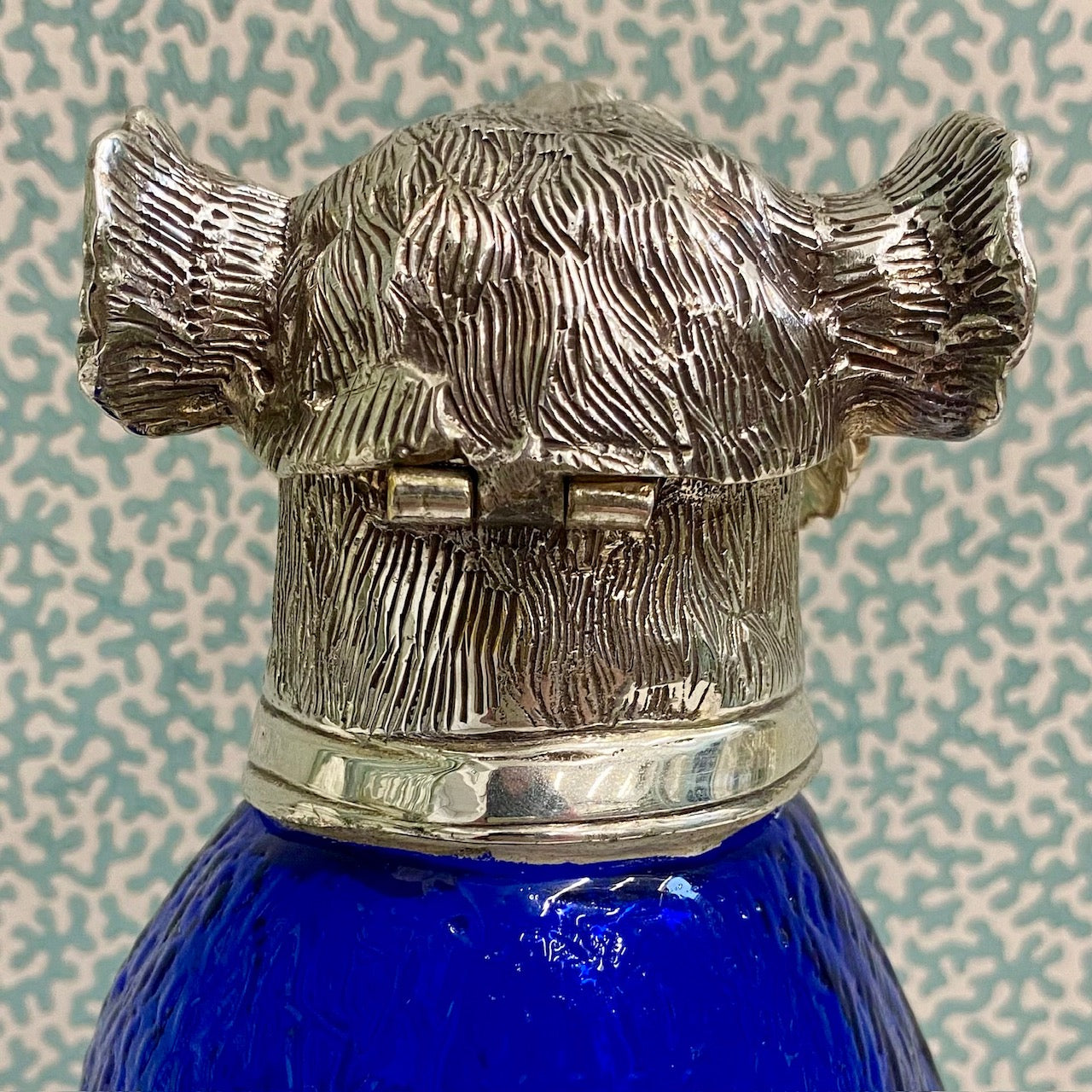 Blue Glass Bear Decanter With Silver Plated Head S10