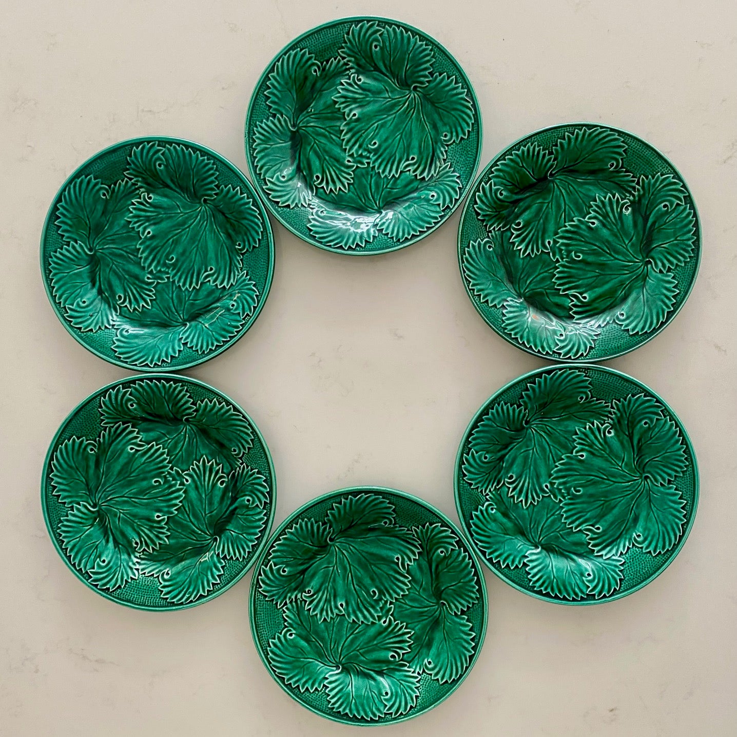 SET 6 ANTIQUE GREEN LEAF SIDE PLATES