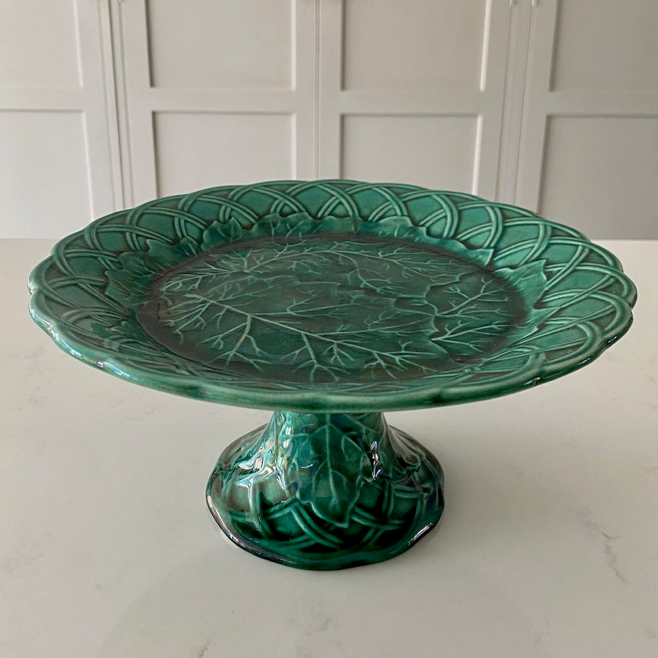ANTIQUE GREEN LEAF & BASKETWEAVE TAZZA FRUIT STAND