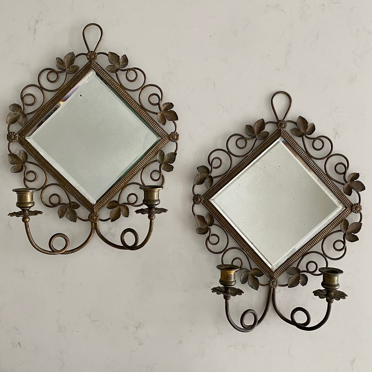 M24 PAIR ANTIQUE BRASS MIRROR WALL CANDLE SCONCES
