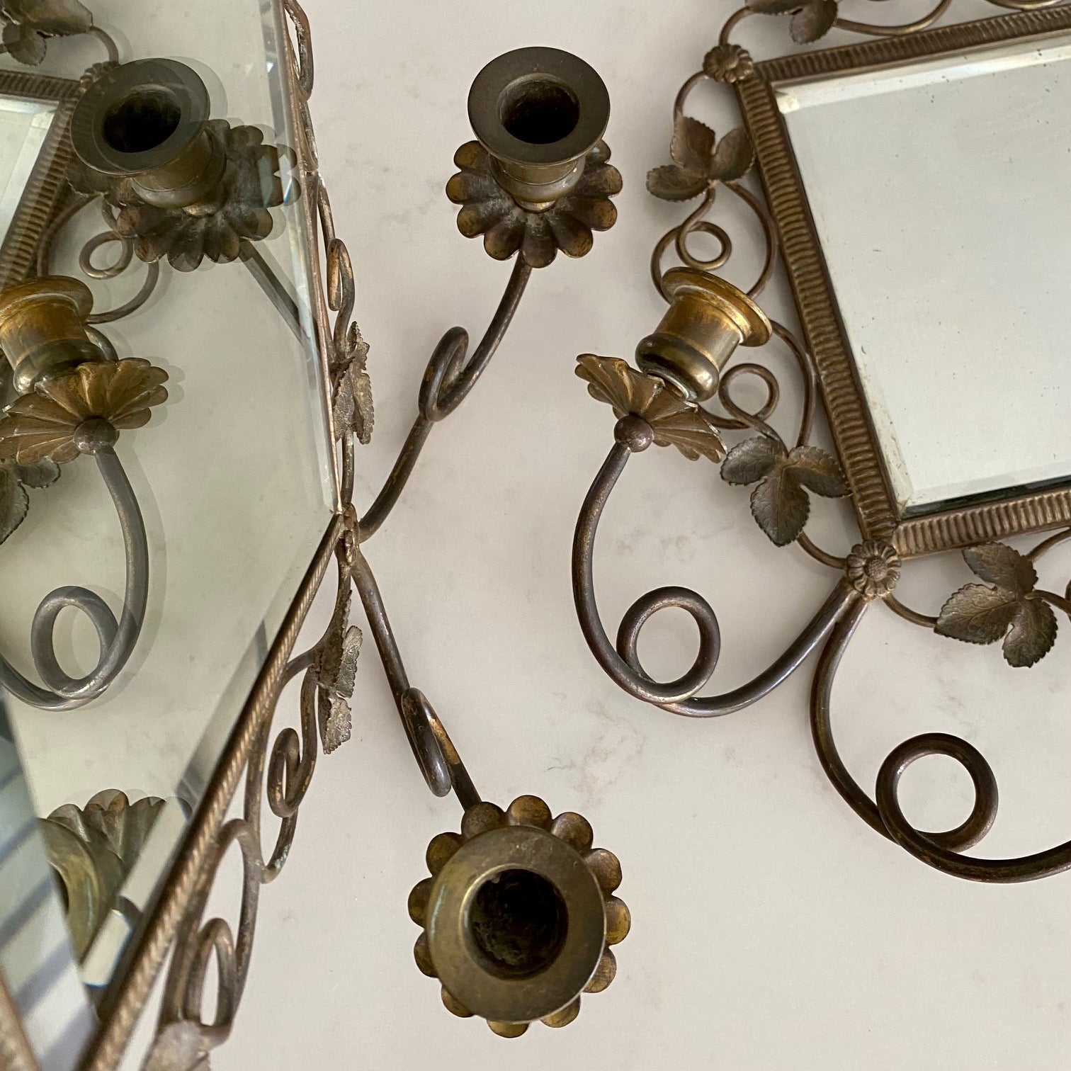 PAIR ANTIQUE BRASS MIRROR WALL CANDLE SCONCES