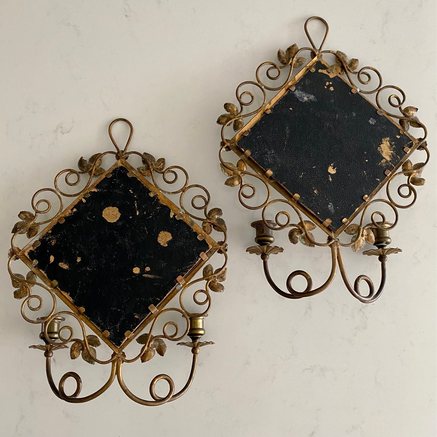 PAIR ANTIQUE BRASS MIRROR WALL CANDLE SCONCES