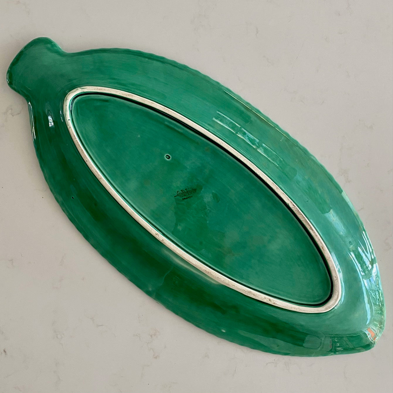 S35 LARGE VINTAGE 1930’S FRENCH MAJOLICA GREEN FISH PLATTER