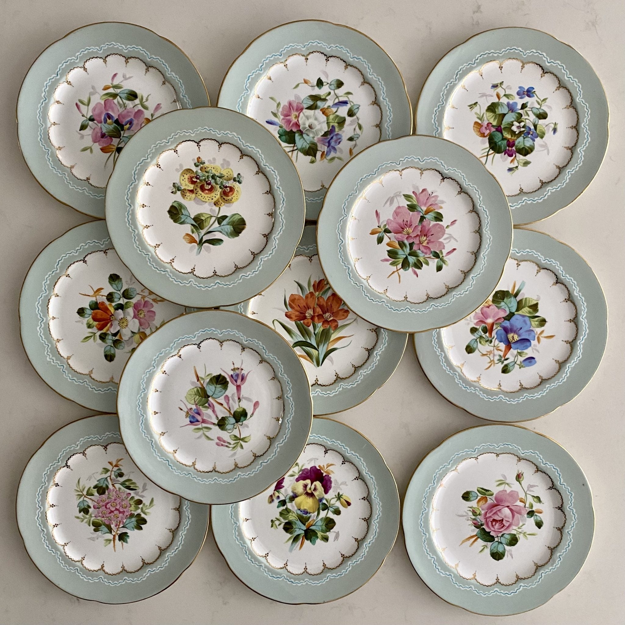 SET 12 PALE BLUE RIMMED HAND PAINTED FLOWER PLATES