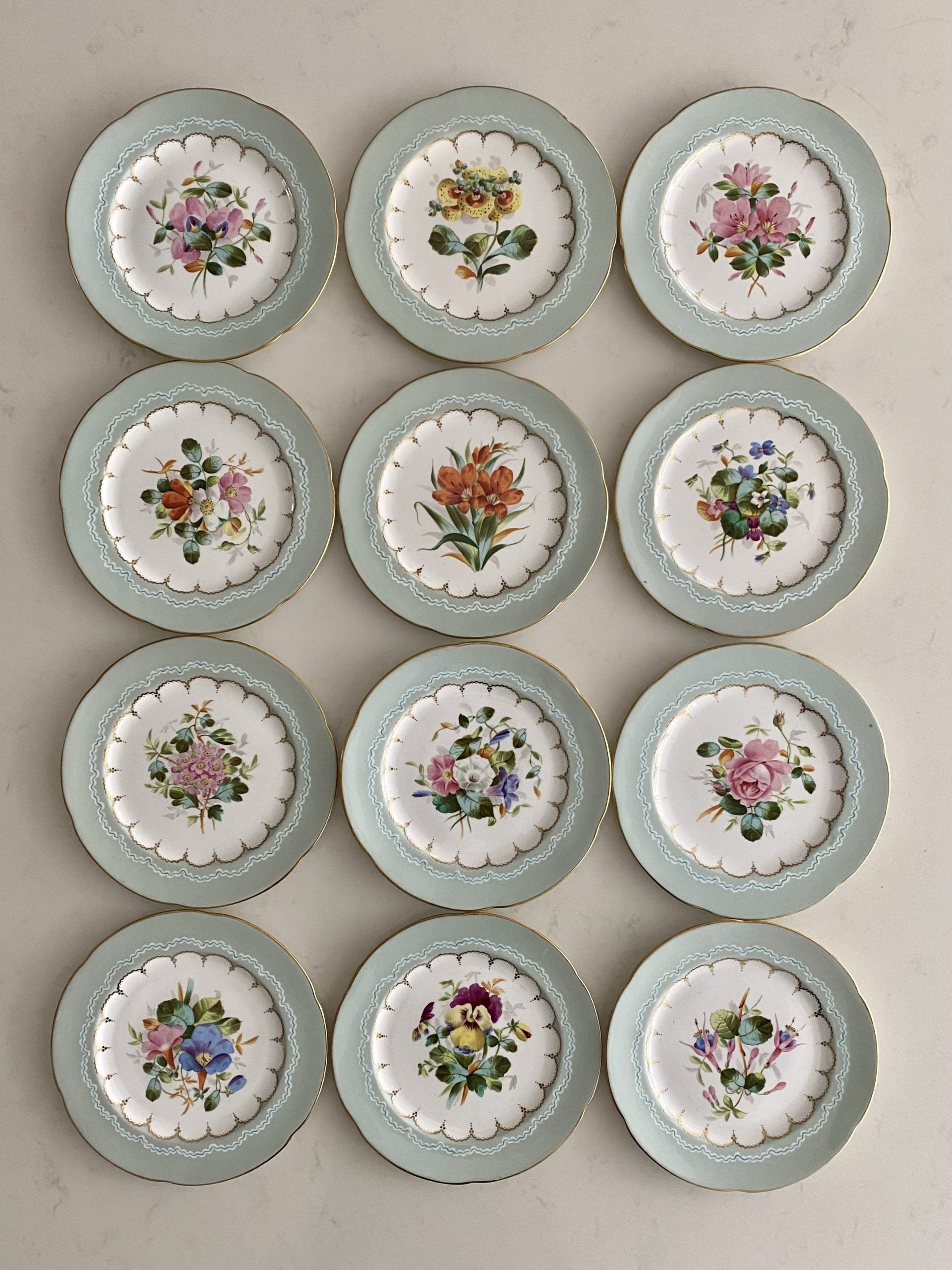 SET 12 PALE BLUE RIMMED HAND PAINTED FLOWER PLATES