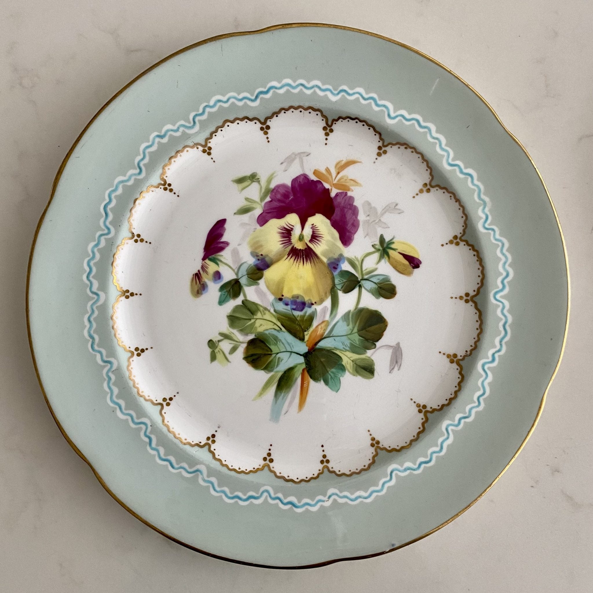 SET 12 PALE BLUE RIMMED HAND PAINTED FLOWER PLATES