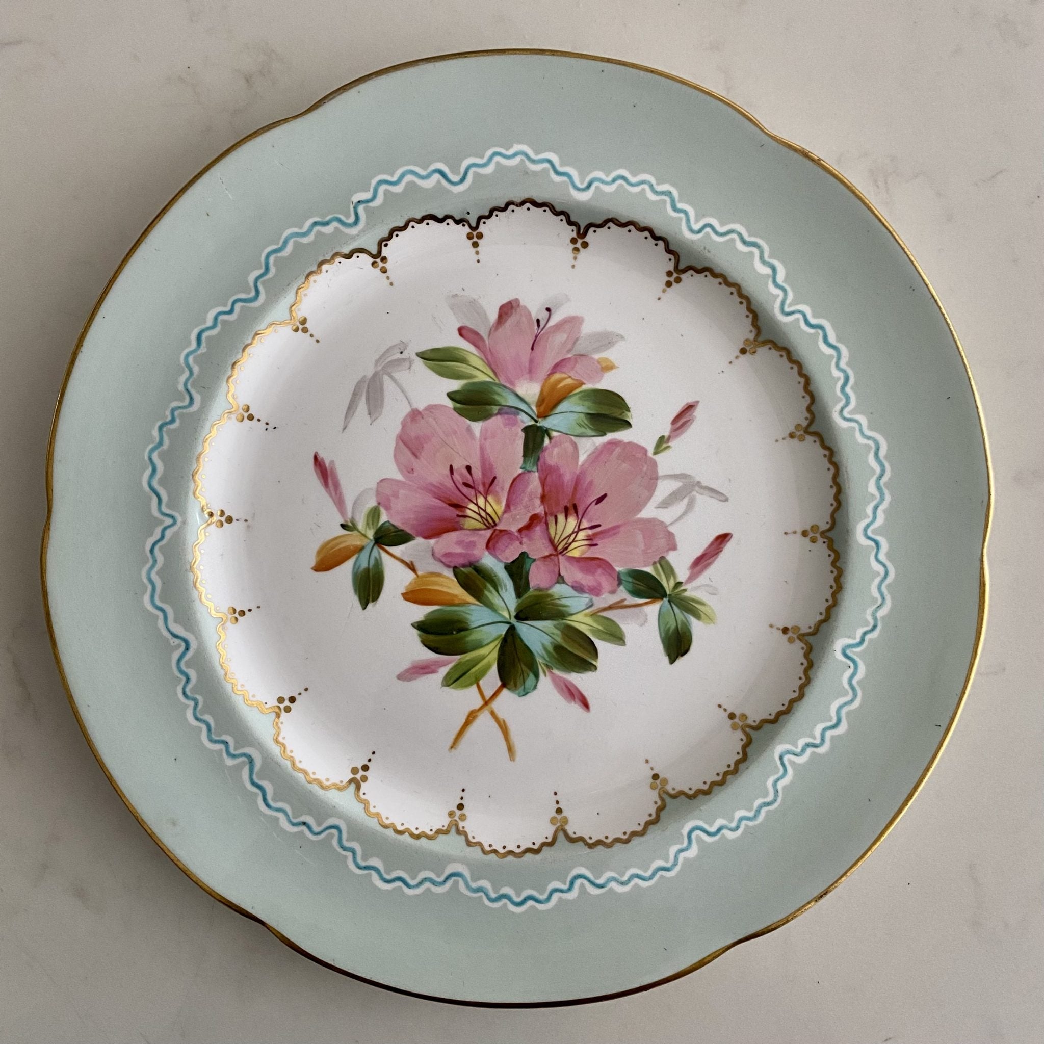 SET 12 PALE BLUE RIMMED HAND PAINTED FLOWER PLATES
