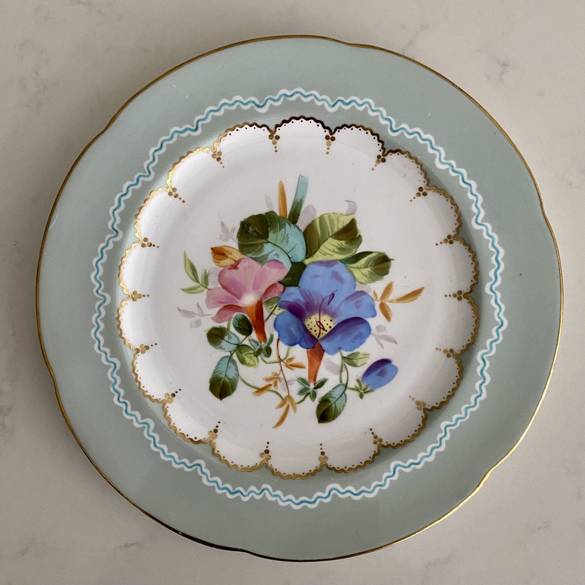 SET 12 PALE BLUE RIMMED HAND PAINTED FLOWER PLATES