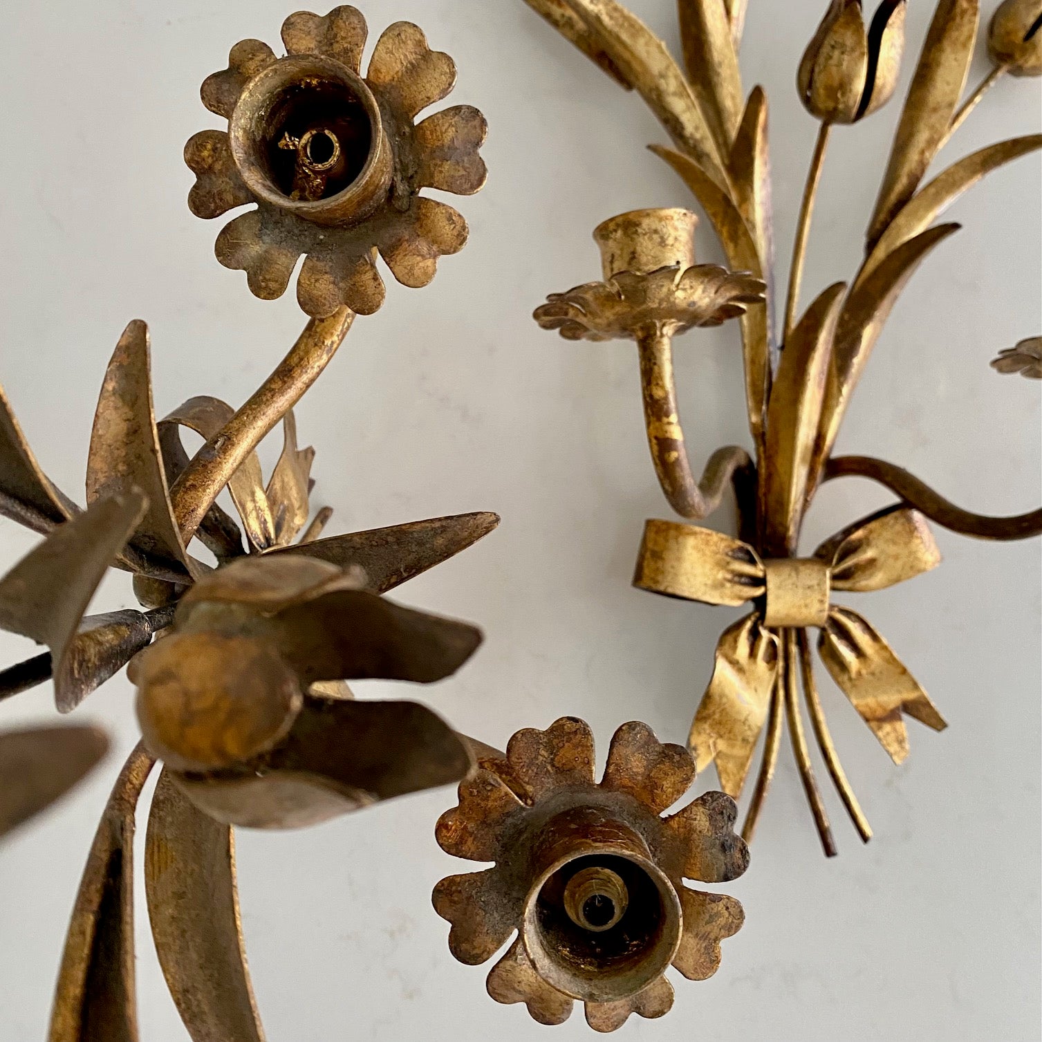 V32 VINTAGE PAIR ITALIAN GILT BOW & TULIP SCONCES