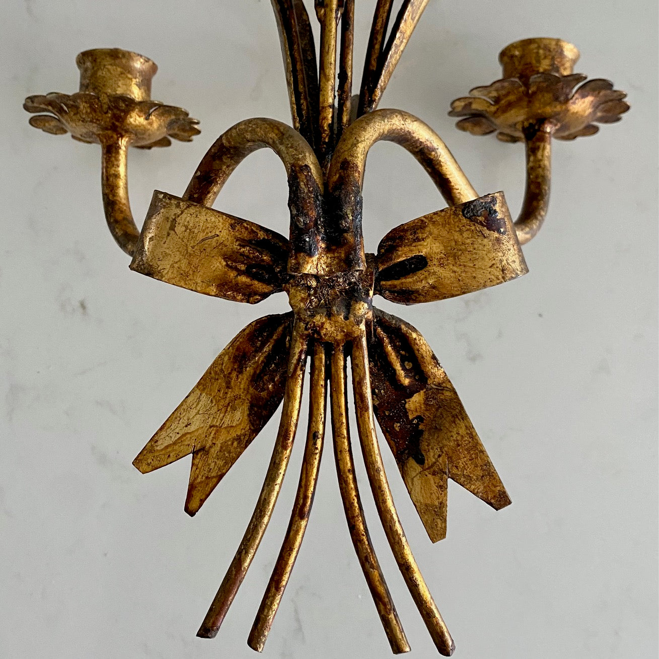 V32 VINTAGE PAIR ITALIAN GILT BOW & TULIP SCONCES